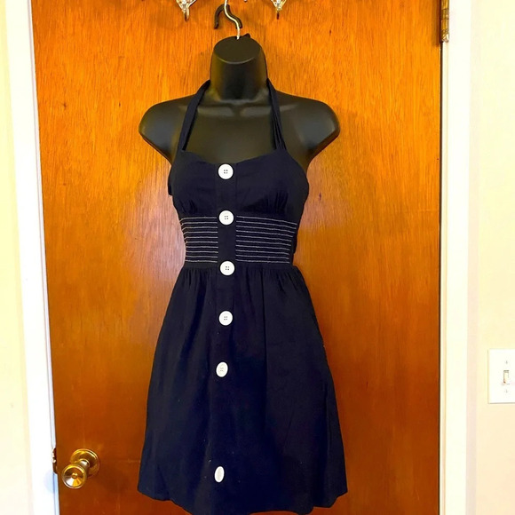 Ruby Rox Navy Blue Halter Top Dress with White Button Front Vintage Vibe Size 3 - Picture 7 of 12